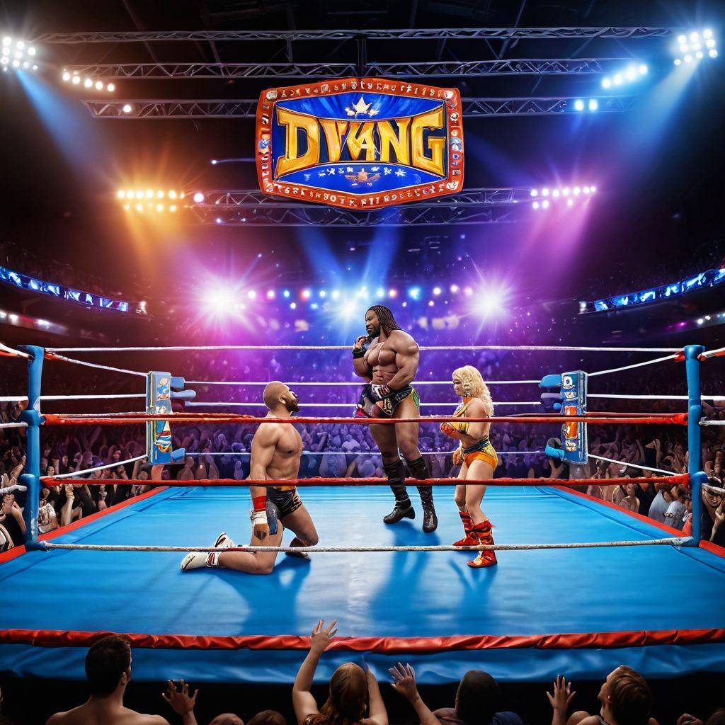 A vibrant wrestling ring filled with indie stars and powerful divas in dynamic poses, showcasing their unique wrestling styles. The background features an energized crowd cheering, with colorful lights and a dramatic atmosphere. Incorporate elements like championship belts and colorful banners. The scene radiates passion and excitement, symbolizing the joy of wrestling. super-realistic. vibrant colors. 3D.