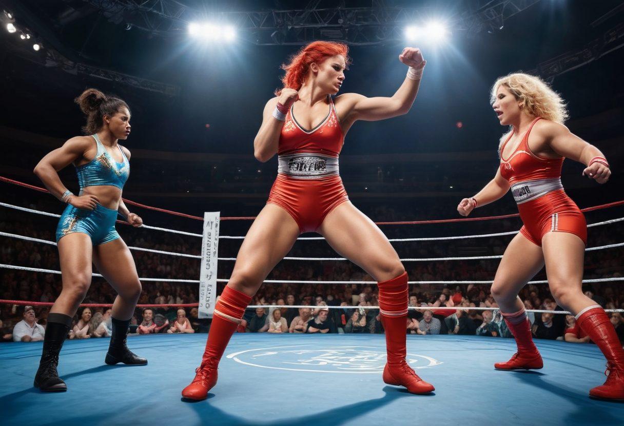 An empowering scene showcasing a diverse group of women wrestlers in action, each with unique costumes and expressions of fierce determination. The backdrop features an electrifying wrestling ring, surrounded by cheering fans, capturing the excitement of a live match. The atmosphere is charged with energy, depicting moments of triumph and camaraderie between the wrestlers. Vivid colors enhance the dynamism of the scene, highlighting the strength and grace of these athletes. super-realistic. vibrant colors. action-packed.